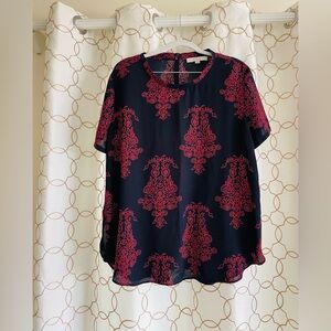 LOFT Blue and Fuchsia Blouse with Mandarin Collar